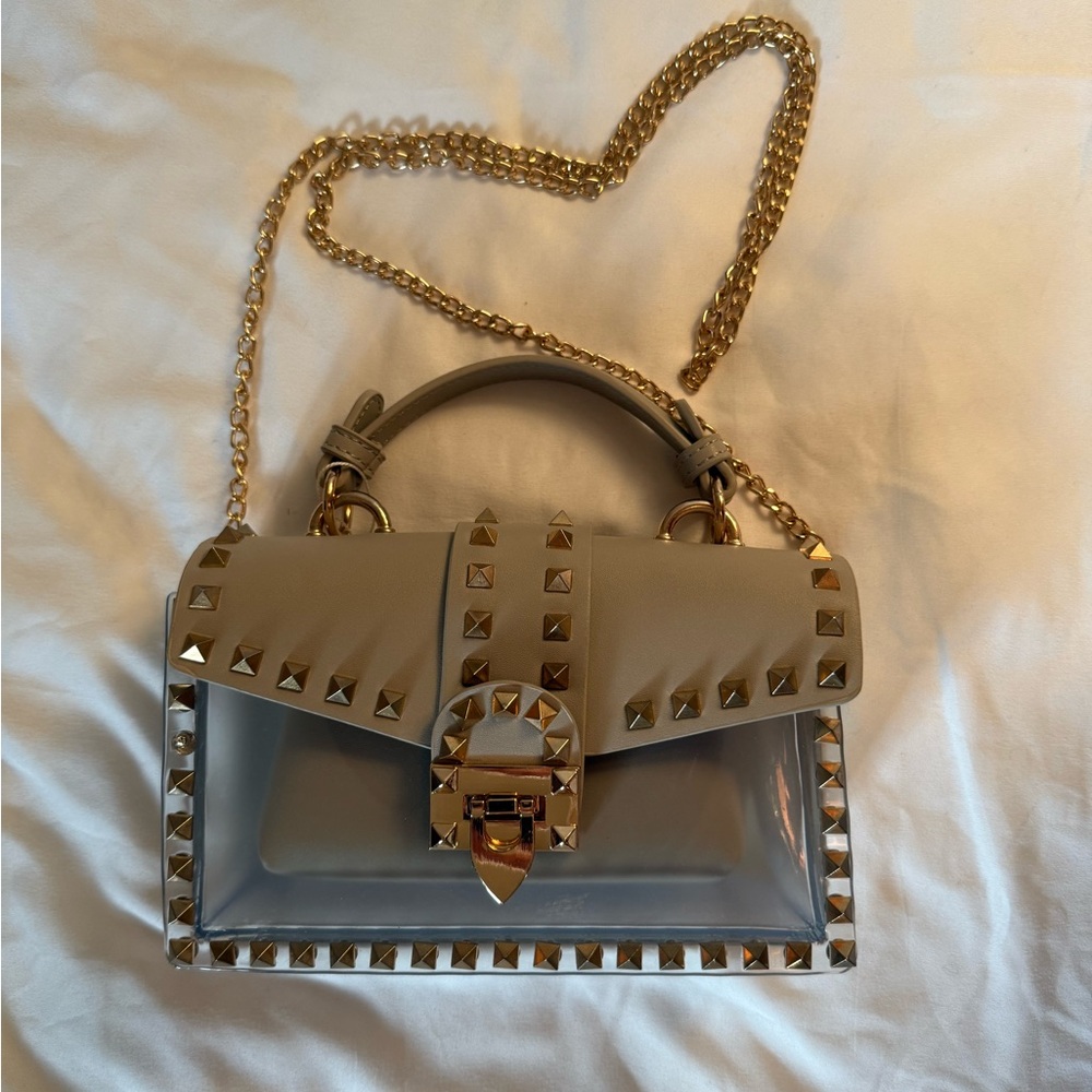 Most Wanted Studded Gray Handbag with Gold Chain